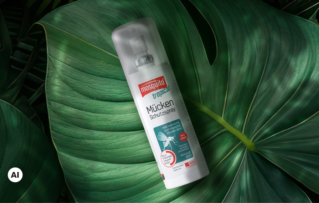 mosquito Tropical Mückenspray liegt auf einem Blatt und daneben ist ein Banner mit Neu zu sehen