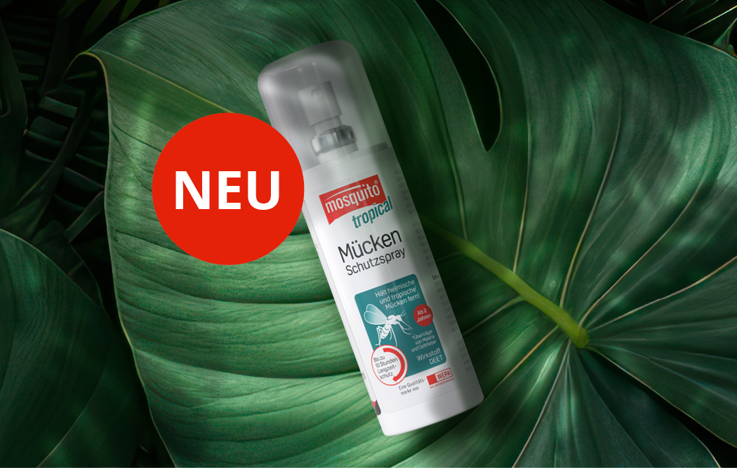 mosquito Tropical Mückenspray liegt auf einem Blatt und daneben ist ein Banner mit Neu zu sehen