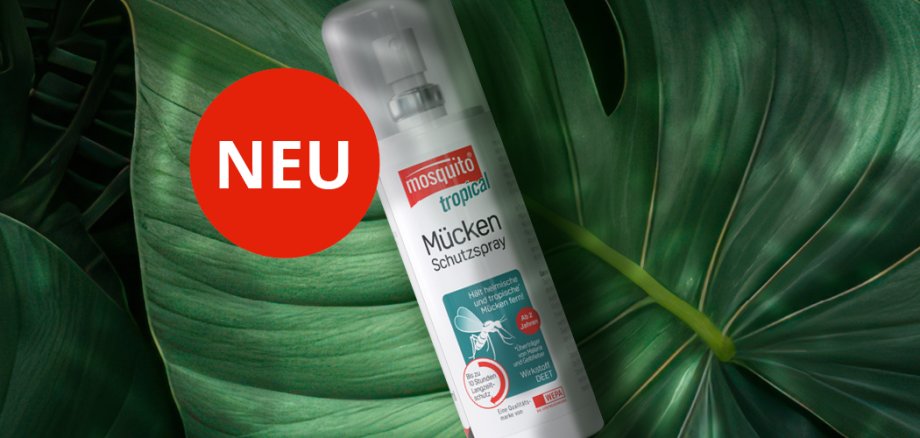 mosquito Tropical Mückenspray liegt auf einem Blatt und daneben ist ein Banner mit Neu zu sehen