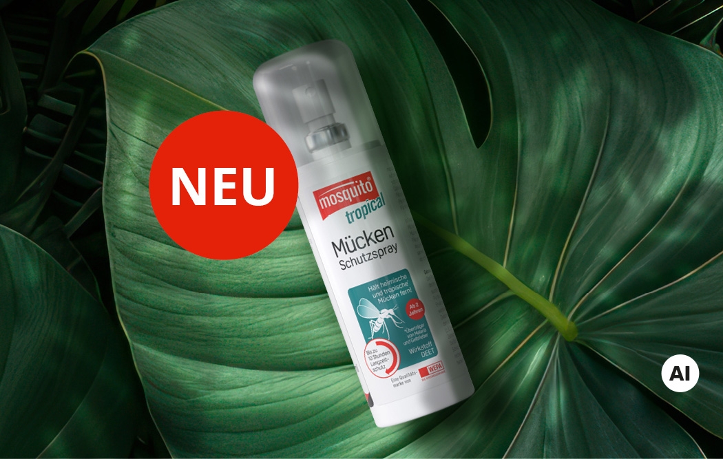 mosquito Tropical Mückenspray liegt auf einem Blatt und daneben ist ein Banner mit Neu zu sehen