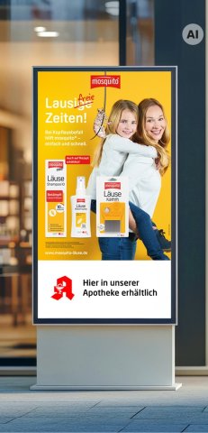 Plakat mit Mutter und Kind Huckepack und dem mosquito Läuse Shampoo