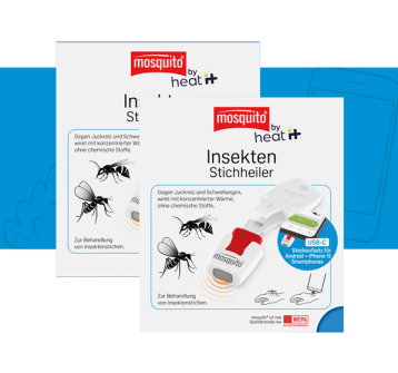 mosquito by heat it Insektenstichheiler 2x auf weißem Hintergrund mit blauer Banderole und Icons