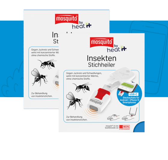mosquito by heat it Insektenstichheiler 2x auf weißem Hintergrund mit blauer Banderole und Icons