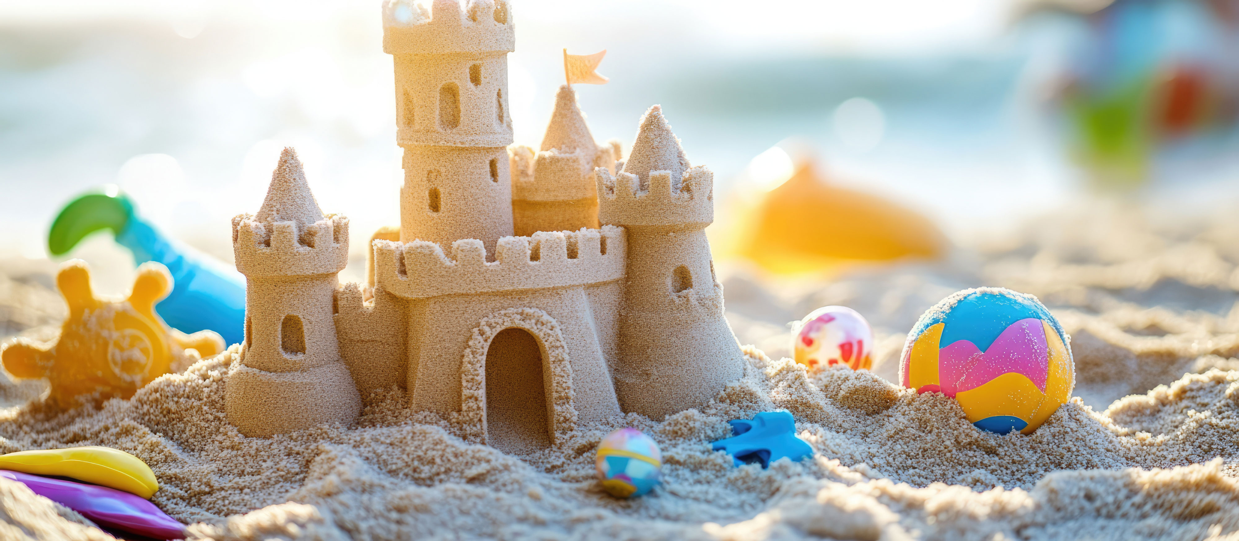 Colorful sand castles and cheerful beach toys create a playful atmosphere for kids enjoying a sunny day at the seaside.