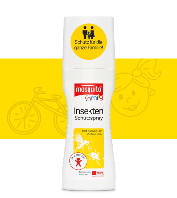 mosquito protect Insektenschutzspray mit weißem Hintergrund und gelber Banderole mit Icons