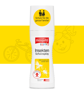 mosquito Insektenschutzspray auf weißem Hintergrund mit gelber Banderole und Icons