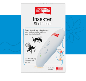 mosquito Insektenstichheiler mit weißem Hintergrund und blauer Banderole und Icons