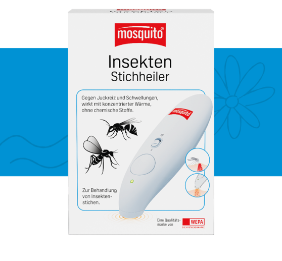 mosquito Insektenstichheiler mit weißem Hintergrund und blauer Banderole und Icons