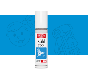 mosquito Kühlstick mit weißem Hintergrund und blauer Banderole mit Icons