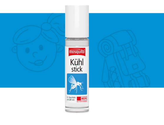 mosquito Kühlstick mit weißem Hintergrund und blauer Banderole mit Icons