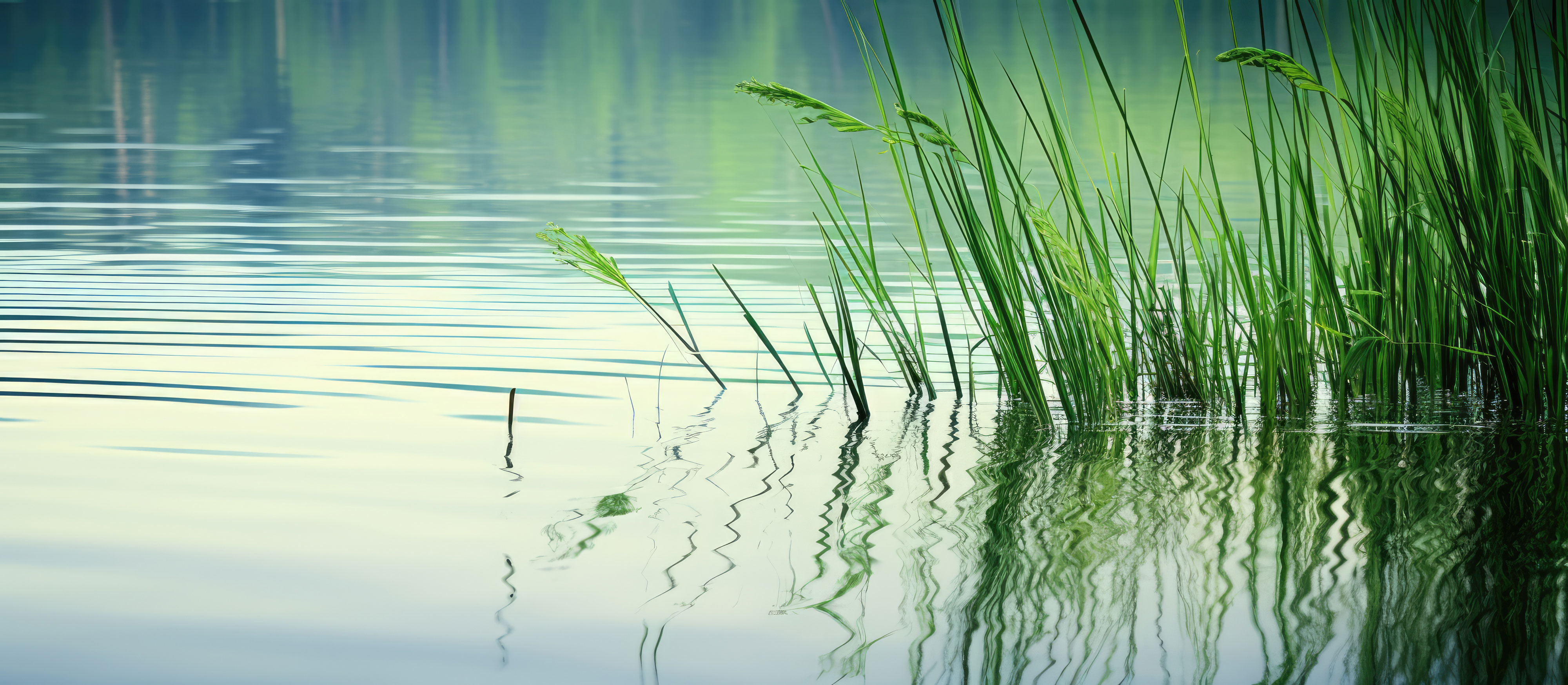 A scenic lake with lush green reeds is reflected in a mirror like surface Gently raindrops cascade into the water creating a tranquil ambiance Perfect for design purposes this captivating image 