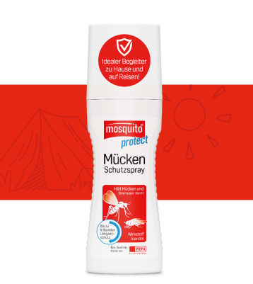 mosquito protect Mückenschutzspray mit weißem Hintergrund und roter Banderole mit Icons