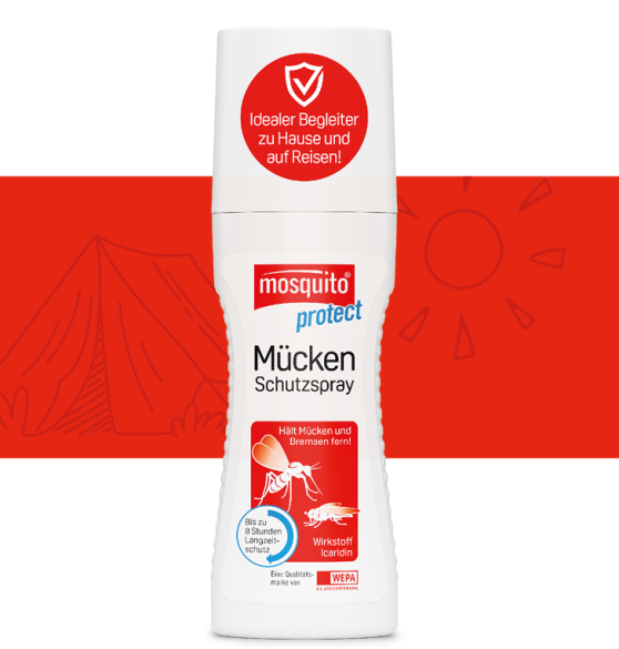 mosquito protect Mückenschutzspray mit weißem Hintergrund und roter Banderole mit Icons