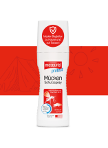 mosquito protect Mückenschutzspray mit weißem Hintergrund und roter Banderole mit Icons
