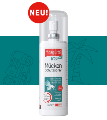 tropical Mückenspray mit dem Marker neu auf weißem Hintergrund mit petrolfarbender Banderole und Icons