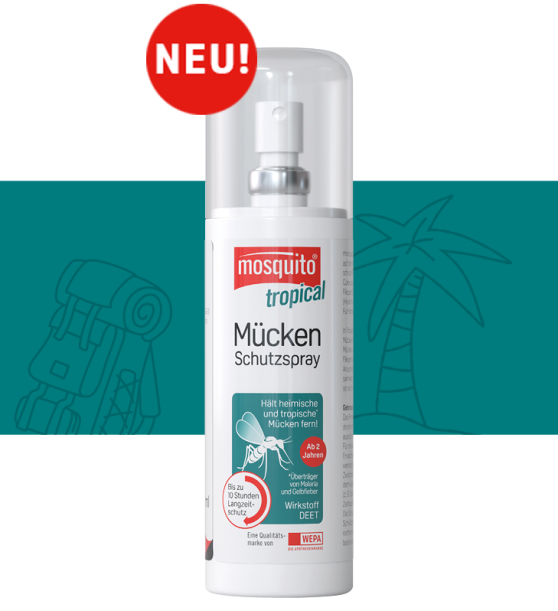 tropical Mückenspray mit dem Marker neu auf weißem Hintergrund mit petrolfarbender Banderole und Icons