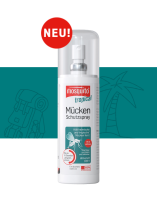 tropical Mückenspray mit dem Marker neu auf weißem Hintergrund mit petrolfarbender Banderole und Icons