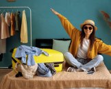 Frau in Sommeroutfit mit Hut und Sonnenbrille sitzt mit ausgebreiteten Armen und breiten Grinsen auf der Couch 