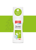 Verpackung Zeckenschutzspray auf grünem Hintergrund mit Icons