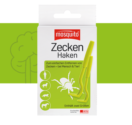 Zeckenhaken in Verpackung auf grünem Hintergrund mit Baumicon