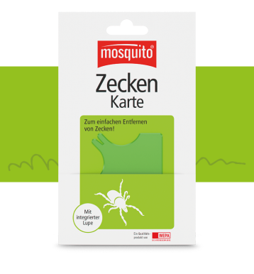 Verpackung einer Zeckenkarte auf grünem Hintergrund mit Grasicon über der grünen Fläche