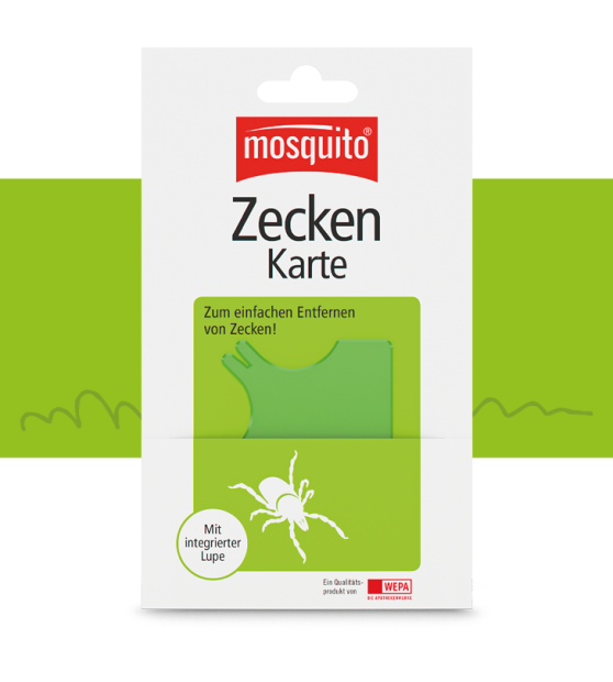 Verpackung einer Zeckenkarte auf grünem Hintergrund mit Grasicon über der grünen Fläche
