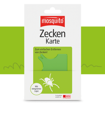 Verpackung einer Zeckenkarte auf grünem Hintergrund mit Grasicon über der grünen Fläche